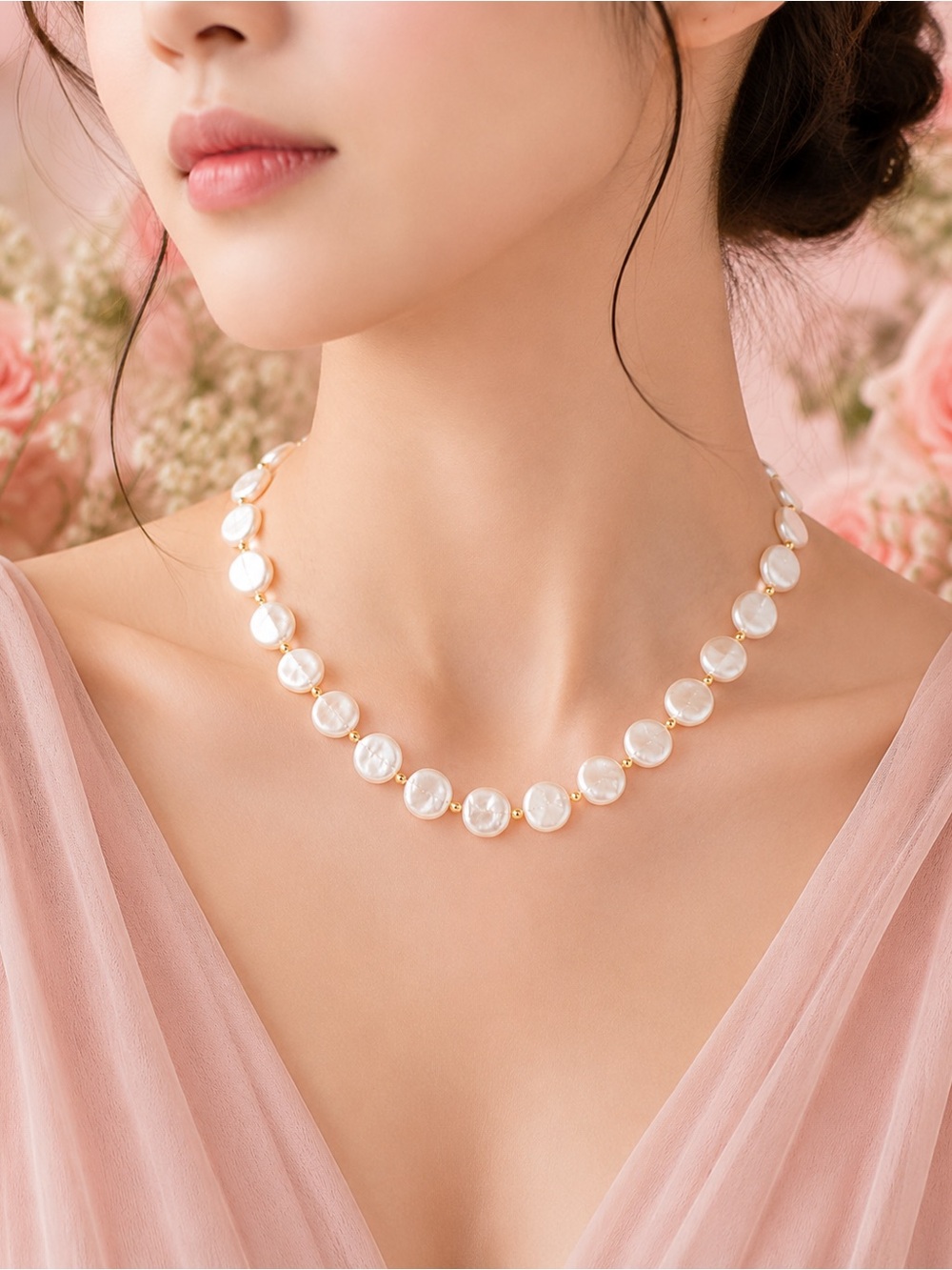 Elegant White Pearl Disc Necklace by